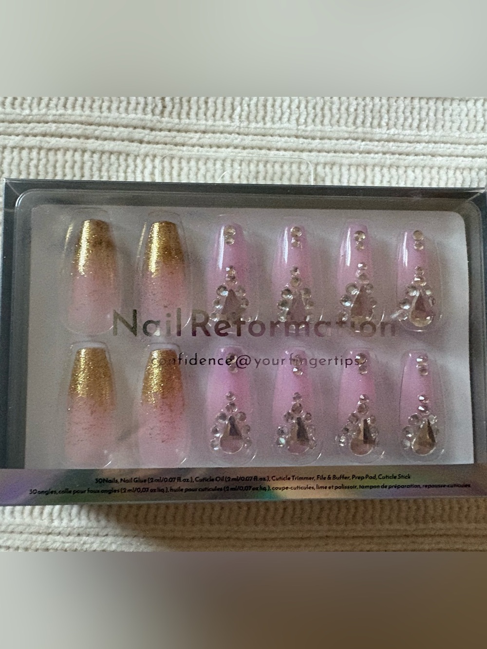 Nail Reformation Pink and Gold Rhinestone Press-On Nails Long Coffin